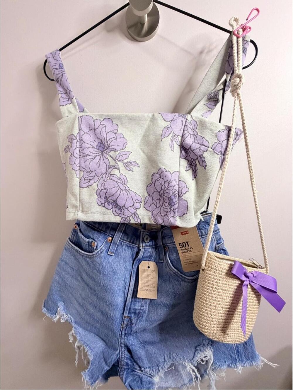 Lavender Floral Crop Top with Square Neck - Women's Sleeveless Tank